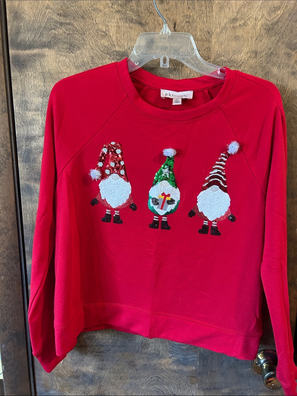 Philosophy red crewneck sweater with festive gnome trio S/P